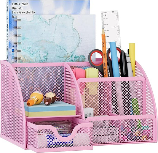 EasyPAG Mesh Desk Organizer with Drawer Multi-functional Pen Holder Stationery Organizer for Office School Supplies 6 Compartments Dorm Organizers and Storage for Desk, Light Pink