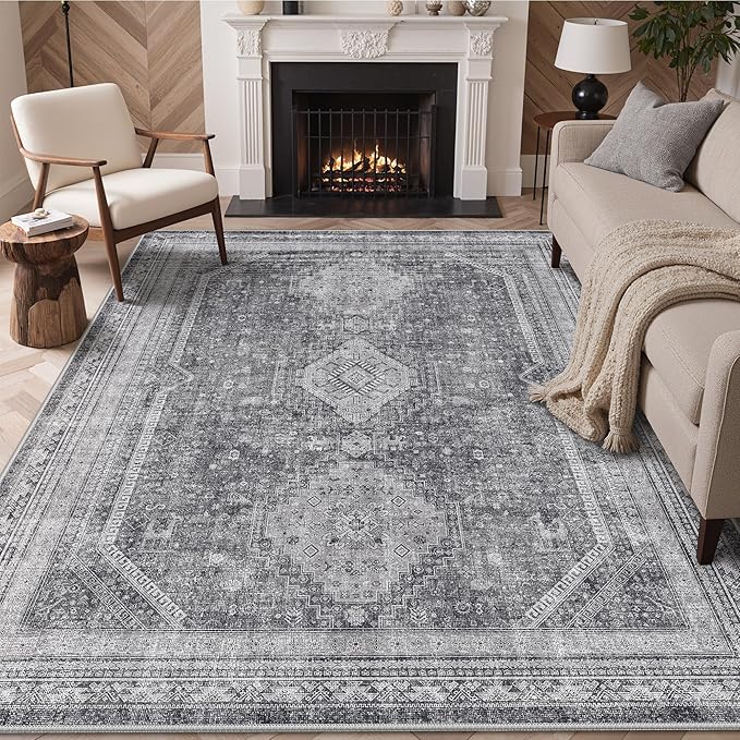 GENIMO 5x7 Area Rugs for Living Room, Machine Washable Non Slip Rugs, Low Pile Lightweight Print Rug for Bedroom, Dining Room, Home Office, Vintage Grey