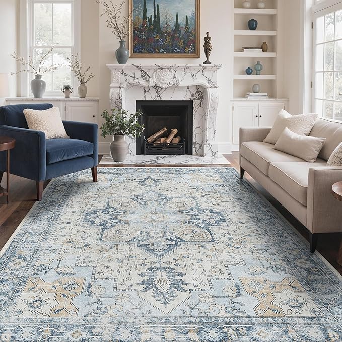 GENIMO 5x8 Area Rugs for Living Room, Machine Washable Low Pile Rugs, Chenille Non Slip Vintage Rug for Bedroom, Dining Room, Home Office, Blue