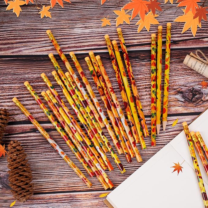 Kolewo4ever 100 Pieces Thanksgiving Pencils Assortment Cylinder Wood Pencil Maple Leaf Autumn Turkey Pencil For Thanksgiving Pumpkin Autumn Gift,6 Styles