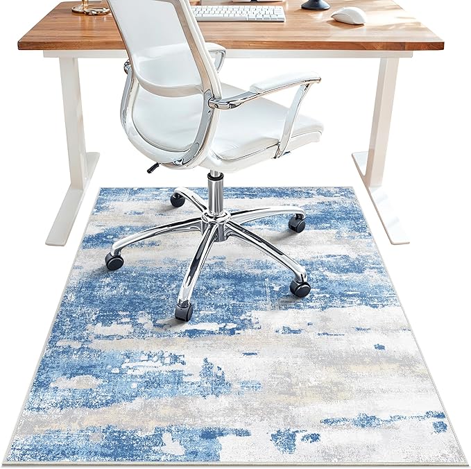 Office Chair Mat for Hardwood Tile Floor, Abstract 48"X 60" Desk Mats for Office Chair on Rolling Chairs Carpet, Desk Anti-Slip 1/5" Thick Rug for Computer Chair, Thin Low-Pile Floor Mat, Blue Cream
