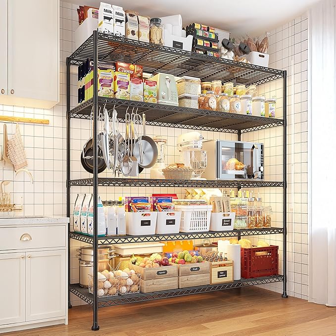 REIBII 45.8''W Steel Wire Shelving Unit, 5 Tier Adjustable Metal Storage Shelves for Kitchen Pantry Office Wire Rack Metal Shelving Unit for College Dorm School, 45.8" W x 71" H x 17.2" D 2PCS