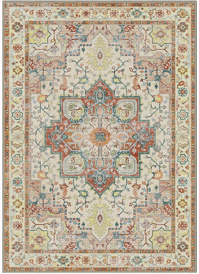 GENIMO 8x10 Area Rugs for Living Room, Machine Washable Non Slip Vintage Retro Rugs, Low Pile Lightweight Chenille Print Rug for Bedroom, Dining Room, Home Office,Floral Blossom