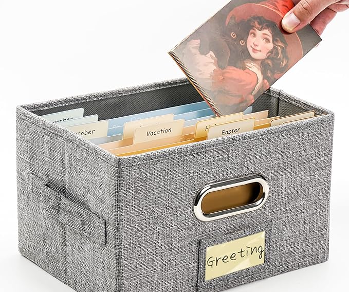 Remowith Greeting Card Organizer and Storage Box with 20 Pcs Adjustable Dividers, Storing Cards with 84 Pcs Labels Perfect for Storing Greeting Cards, Envelopes, Photos 1 Pack Grey