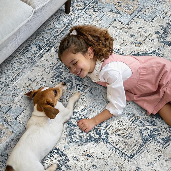GENIMO Runner Rug 2x8, Non Slip Vintage Hallway Runner Rugs, Low Pile Lightweight Machine Washable Mat for Hallway, Entryway, Bedroom, Kitchen and Corridor, Blue