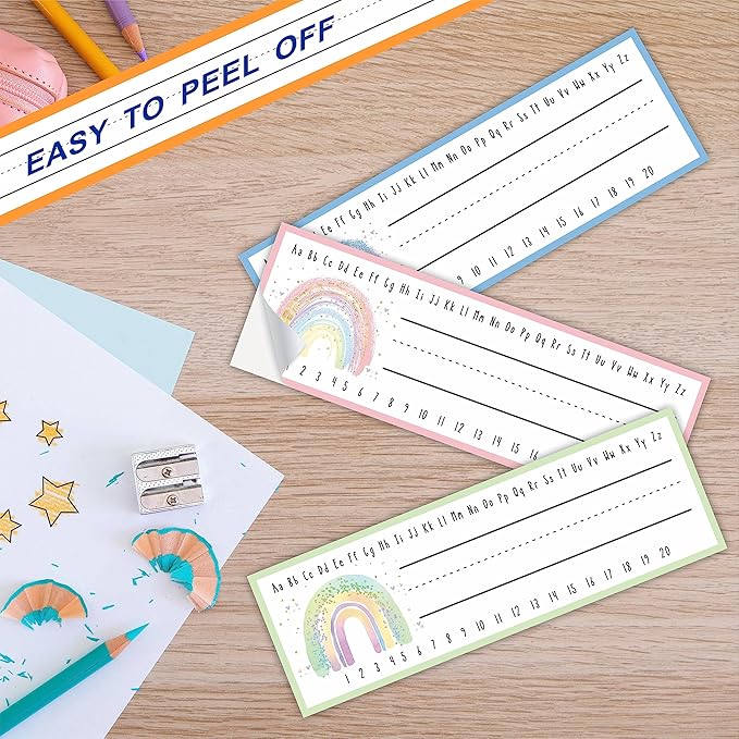30 Name Tags Labels - Watercolor Rainbow Self Adhesive Name Plates, Desk Label, Locker Stickers for Classroom School, Student, Teacher Decorations & Supplies - A02