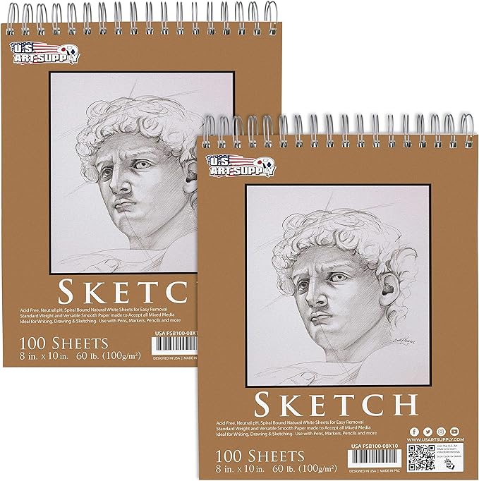U.S. Art Supply 8"x10" Top Spiral Bound Sketch Book, 2 Pack, 100 Sheets Each, 60lb (100gsm), Acid-Free, Artist Sketchbook, Drawing Pad for Adults & Students
