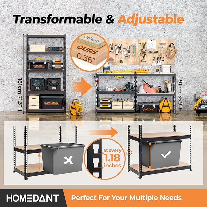 HOMEDANT 5 Tier Storage Shelves Adjustable Laminated Boltless Garage Metal Shelving Unit Heavy Duty Utility Rack Shelf Warehouse Pantry Closet Kitchen (2, (M) 35.9" W, Black)