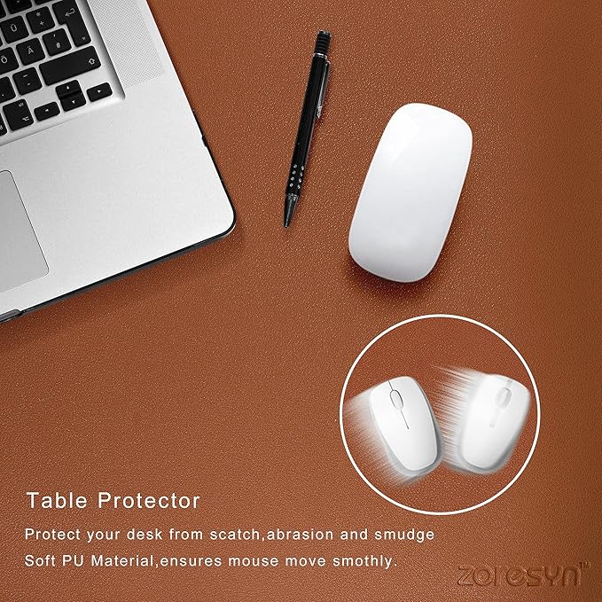 ZORESYN PU Leather Desk Mat Waterproof Anti-Oil Dining Table mat - 66.9" x 19.7" - Non-Slip Mouse Pad,Large Desk Pad with Suede Base,Stitched Edges Computer Desk Mat for Gamer,Office & Home | Brown