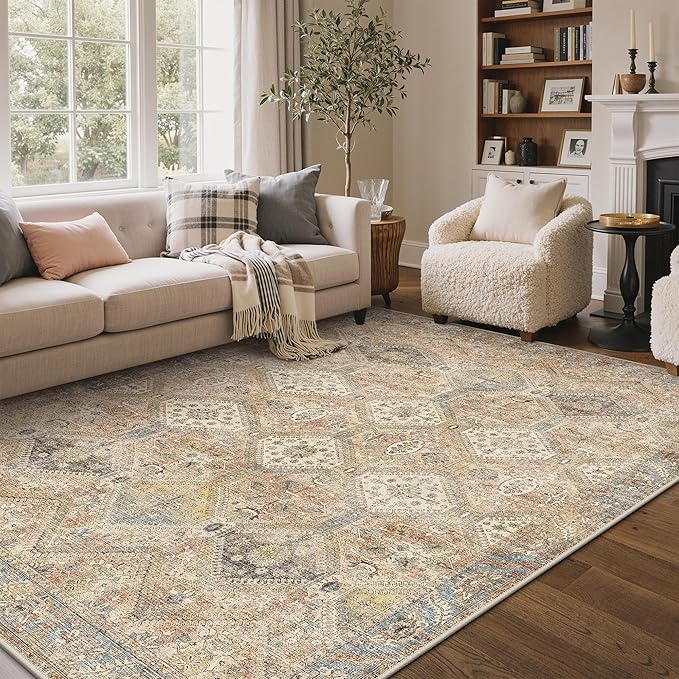 GENIMO 6x9Area Rugs for Living Room, Machine Washable Non Slip Vintage Rugs, Low Pile Lightweight Print Rug for Bedroom, Dining Room, Home Office, Warm Brown