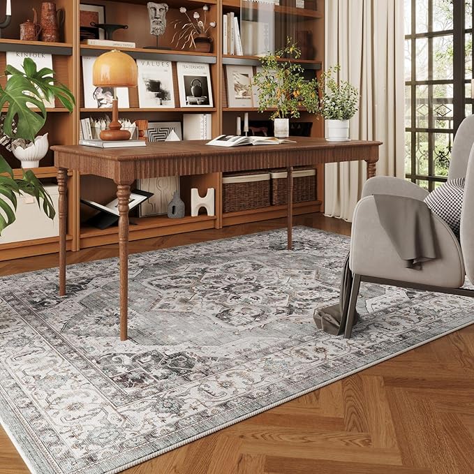 Rugcomf Vintage Medallion 3'x5' Washable Rug - Non-Slip Low Pile Area Rug, Small Boho Carpet for Bedroom, Bedside, Kitchen, Entryway, Kids/Girls Room, Office - Grey and White