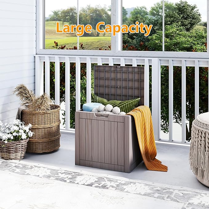 Yardgrace 35 Gallon Small Waterproof Outdoor Storage Box, Resin Deck Box Lockable for Patio Furniture, Garden Tools, Pool Accessories, UV-Resistant for All Weather Use, Greige