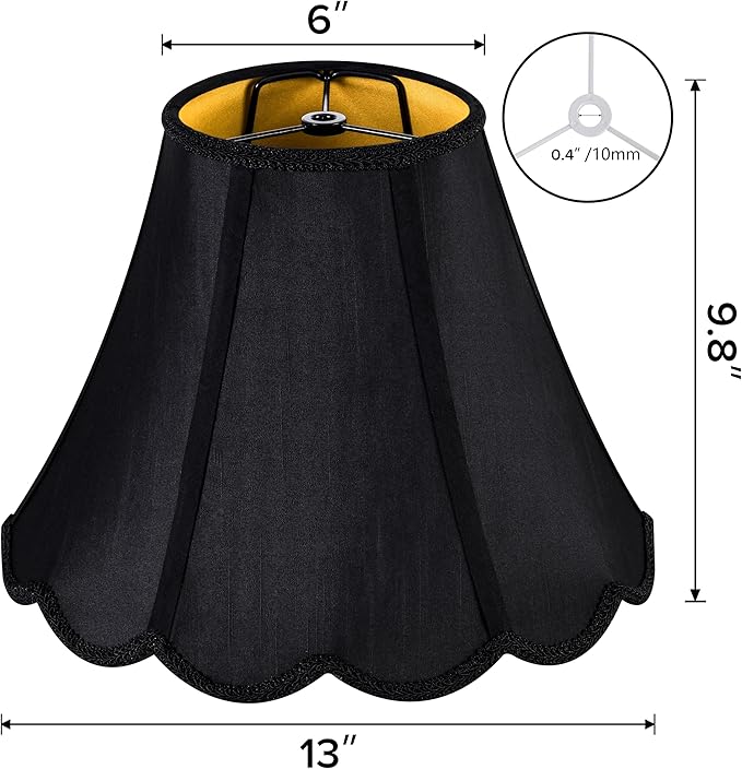 GOSO Black Scalloped Lamp Shades Set of 2 Medium Replac, Braids with Petal Edges,6×13×9.8 Inch Spider Lamp Shade for Table Lamp and Floor Lamps Easy Assembly, Modern Faux Silk Shades for Living Room