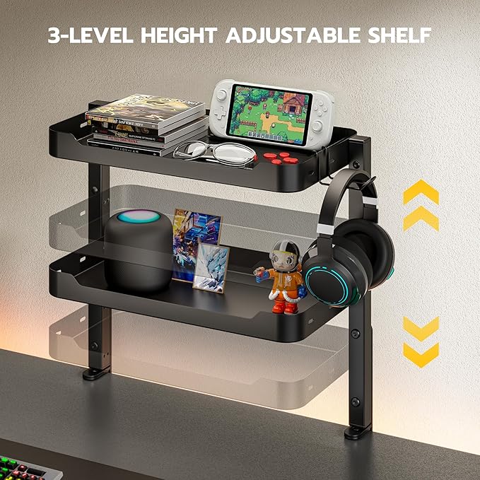 ARES WING 2-Tier Clamp On Desk Shelf, 16 inch Adjustable Above or Under Desk Storage Shelves Holds 44 lbs, Heavy Duty Desktop Organizer with Headphone Holder for Working and Gaming Accessories, Black