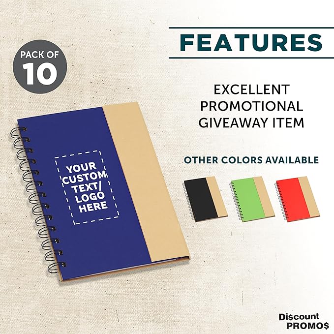 DISCOUNT PROMOS Custom Eco Friendly Spiral Notebooks with Pens Set of 10, Personalized Bulk Pack - Perfect for School, Office, Home - Blue