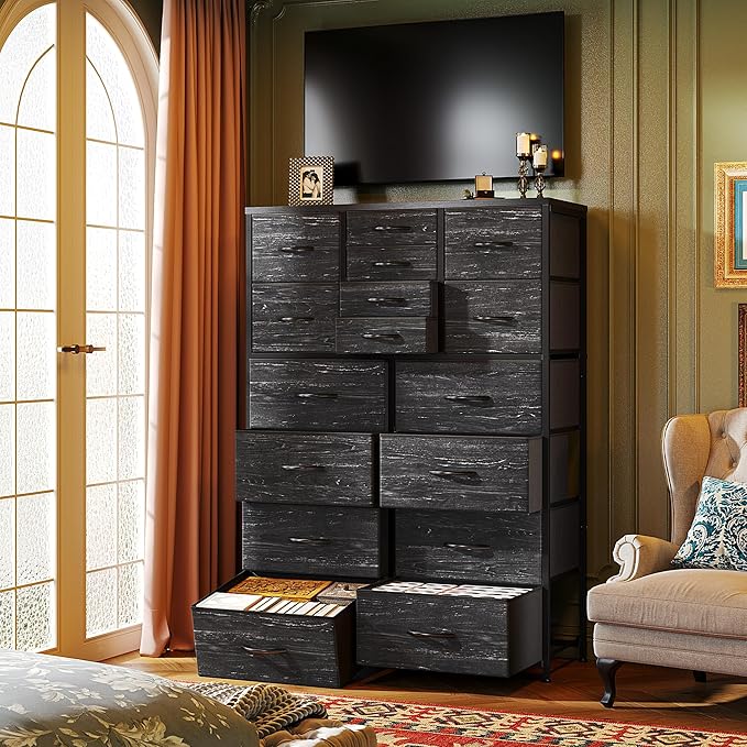 Romorgniz 57“H Dresser for Bedroom with Drawers, Fabric Dressers & Chests of Drawers, Large Black Dresser with Sturdy Metal Frame, Wood Top,Entryway, Hallway