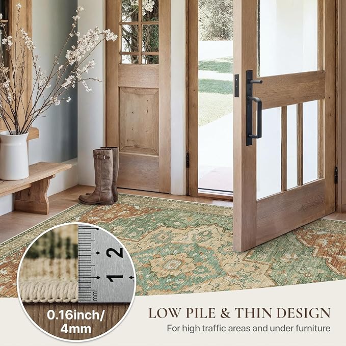 GENIMO 6x9 Area Rugs for Living Room, Machine Washable Non Slip Vintage Rugs, Low Pile Lightweight Chenille Print Rug for Bedroom, Dining Room, Home Office