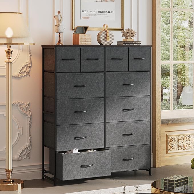 WLIVE Tall Dresser for Bedroom with 12 Drawers, Chests of Drawers, Fabric Dressers for Closet, Living Room, Storage Dresser Organizer with Wood Top, Steel Frame, Dark Grey