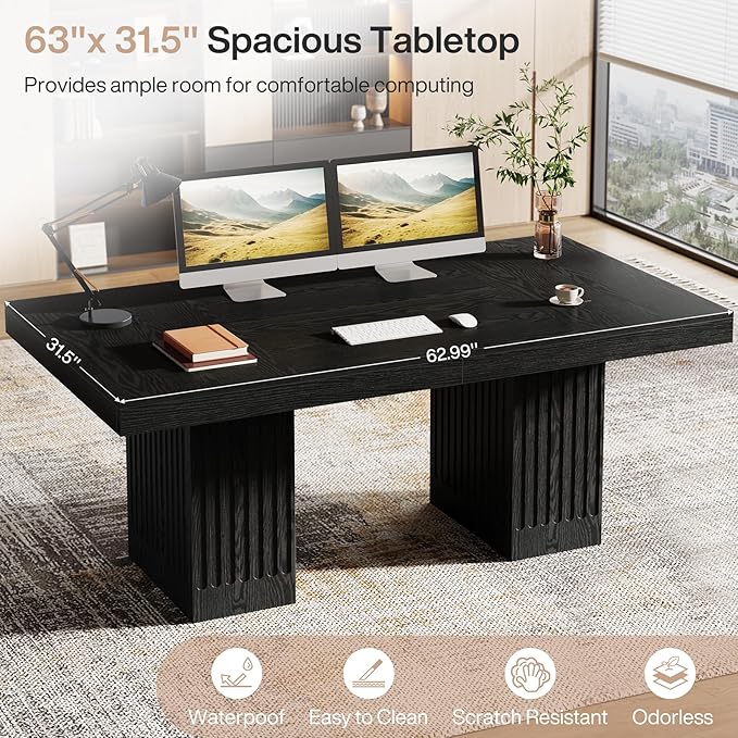 Tribesigns 63-Inch Executive Desk, Modern Office Computer Desk with Heavy Duty Double Pedestal, Large Study Writing Table Business Furniture for Home Office, Black, Set of 2