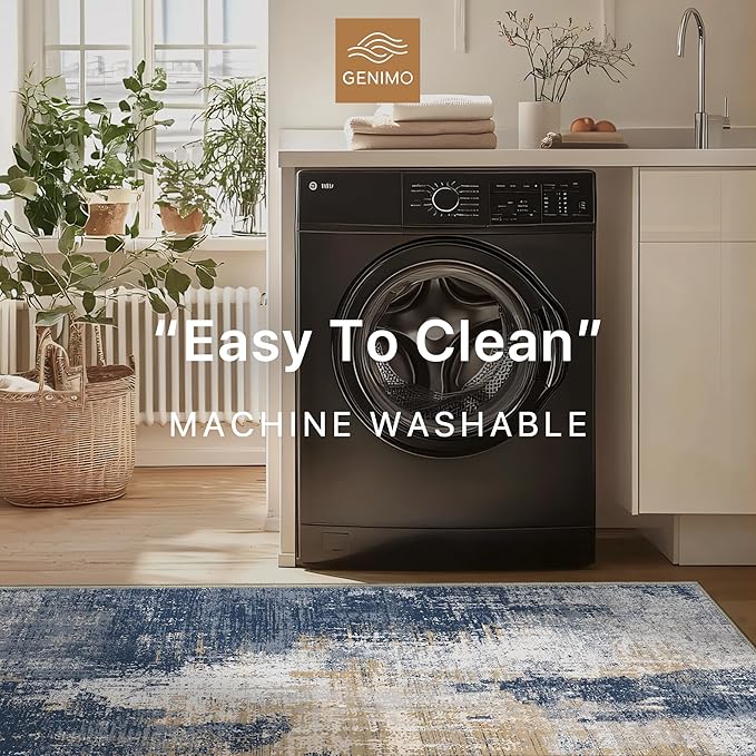 GENIMO Washable Area Rugs for Living Room, 8x10 Modern Non Slip Rugs, Low Pile Lightweight Soft Print Rug for Bedroom, Dining Room, Home Office, Washed Navy Blue