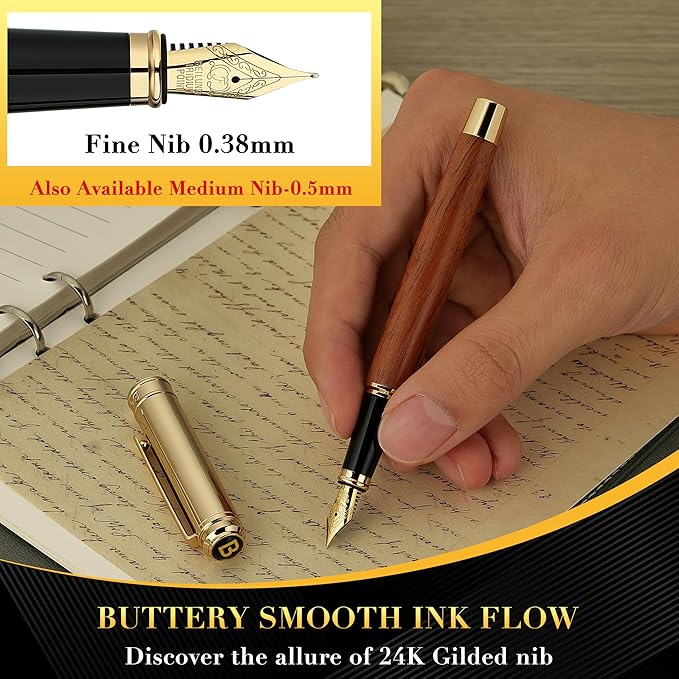 BEILUNER 316 Fountain Pen,Stunning Luxury Rosewood,24K Gilded Nib(Fine),Gorgeous 24K Gold Finish, Ink Converter,Nice Gift for Men&Women-Elegant,Executive,Christmas Pens for Writing