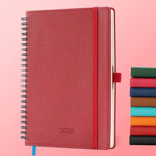 IN-LUXPRO Planner 2026 Daily Weekly and Monthly,8.5"x6.5",12 Months Spiral Bound Calendar Agenda with Self-adhesive Pen Holder,2026 Appointment Book with Vegan Leather Soft Cover,Red
