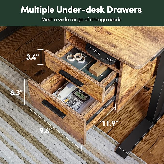 FEZIBO Electric Standing Desk 48 x 24 Inch with Monitor Shelf, 3 Drawers and Open Storage, Home Office Computer Workstation, Rustic Brown, 2 Packages