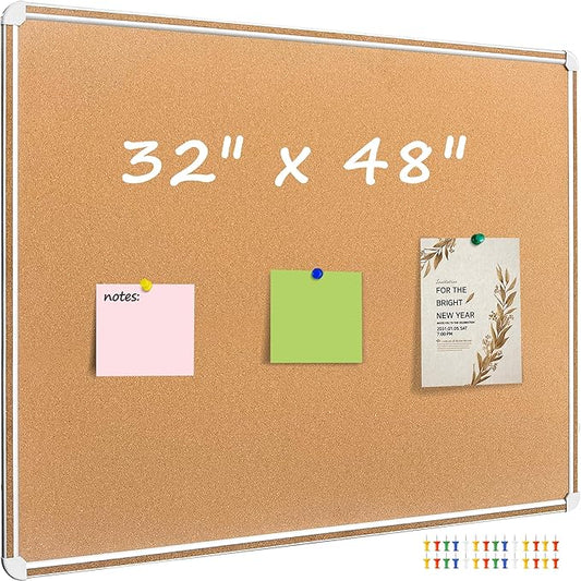 Cork Bulletin Board, 48 X 32 Inches Cork Strip Frame Message Vision Board, Large Wall Mounted Notice Memo Pin Board with 28 Push Pins