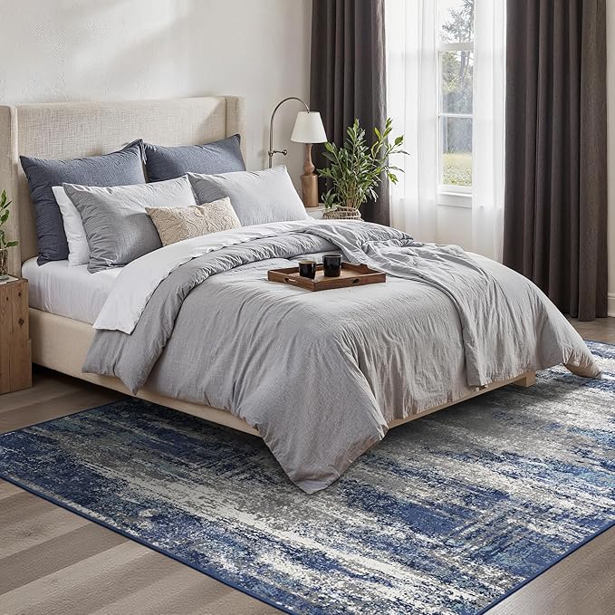 GENIMO 3x5 Area Rugs for Living Room, Machine Washable Non Slip Blue Rugs, Low Pile Lightweigt Modren Print Indoor Rug for Bedroom, Dining Room, Home Office, Blue Ivory