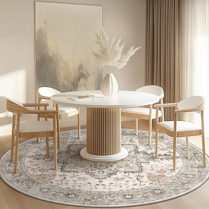 GENIMO 5FT Round Area Rugs for Living Room, Circle Rugs Machine Washable Low Pile, Chenille Non Slip Vintage Rug for Bedroom, Dining Room, Home Office, Light Taupe Brown