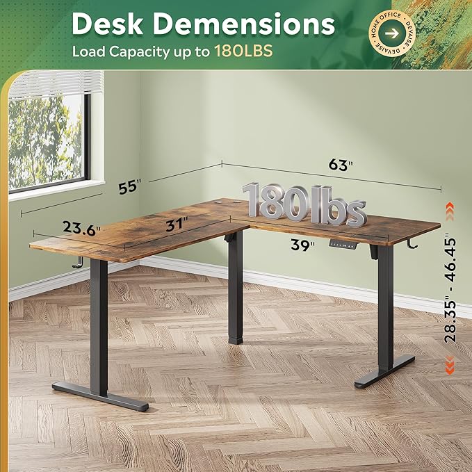 DEVAISE L Shaped Standing Desk Adjustable Height, Dual Motor Electric Corner Standing Desk, 63x55 inch Sit Stand up Home Office Desk with Splice Board, Rustic Brown