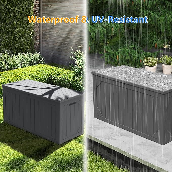 Decksplore 100 Gallon Outdoor Storage Box Waterproof, Lockable Resin Deck Box Patio Storage Bin for Pool Accessories Cushion Furniture, Garden Tools, UV-Resistant Outside Delivery, Grey
