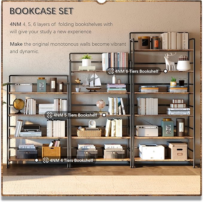 4NM No Assembly Extra Wide 6 Tiers Folding Bookshelf Storage Shelves Vintage Bookcase Standing Racks Study Organizer Home Office (Rustic Brown Black)