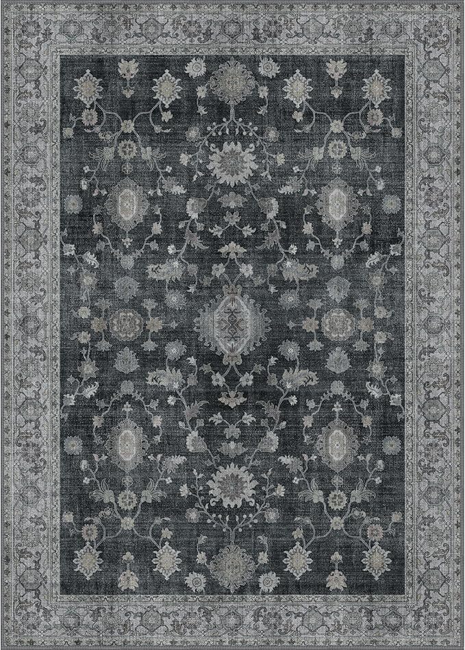 GENIMO Machine Washable 9x12 Area Rugs for Living Room, Non Slip Vintage Rugs, Low Pile Lightweight Chenille Print Rug for Bedroom, Dining Room, Home Office, Charcoal