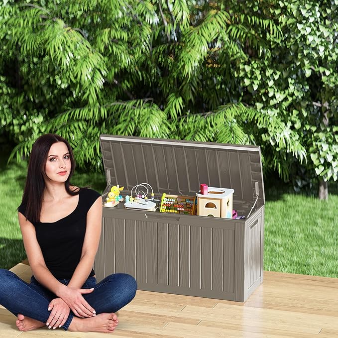 Decksplore Outdoor Storage Box Waterproof, Lockable Resin 80 Gallon Deck Box Patio Storage Bin for Pool Accessories Cushion Furniture, Garden Tools, UV-Resistant Outside Delivery, Grey