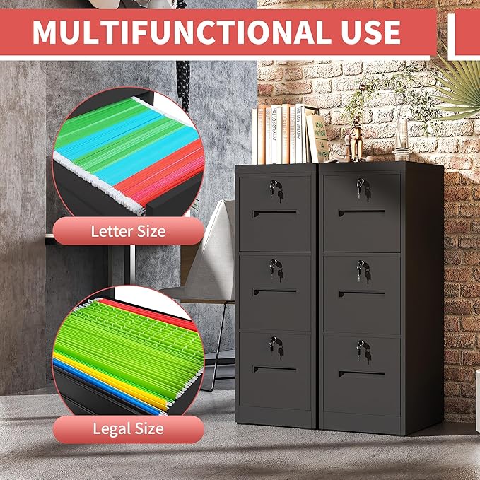 OPTYMIRA 3 Drawer Metal File Cabinet with 3 Unique Locks Heavy Duty Locking File Cabinets Home Office Steel Filing Cabinet Vertical File Cabinets for Legal/Letter Size File,Assembly Required
