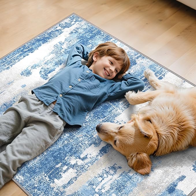 Office Chair Mat for Hardwood Tile Floor, Abstract 48"X 60" Desk Mats for Office Chair on Rolling Chairs Carpet, Desk Anti-Slip 1/5" Thick Rug for Computer Chair, Thin Low-Pile Floor Mat, Blue Cream