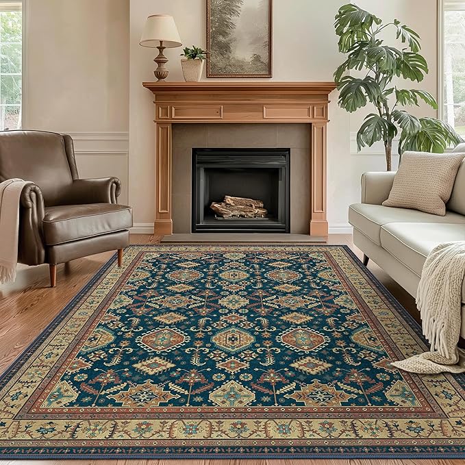 GENIMO Machine Washable 8x10 Area Rugs for Living Room, Non Slip Vintage Rugs, Low Pile Lightweight Chenille Print Rug for Bedroom, Dining Room, Home Office, Black Yellow