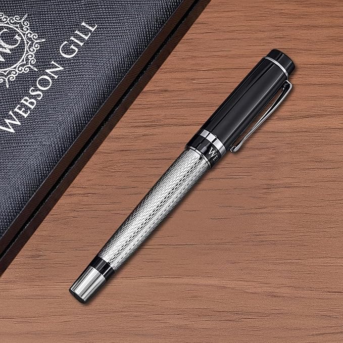 Webson Gill ‘The Raider’ Silver Luxury Executive Fountain Pen, Polished Lacquer & Chrome, Medium Nib, Smudge Free No Bleed, Use Any Fountain Ink w/Included Converter, Fits Cartridges sold separately