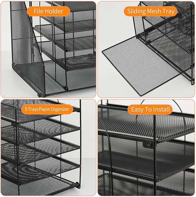 LEKETREE Desk Organizers and Accessories, 5-Tier Paper Letter Tray Organizer with File Holder, Desktop Organizer for Office Supplies (Black)