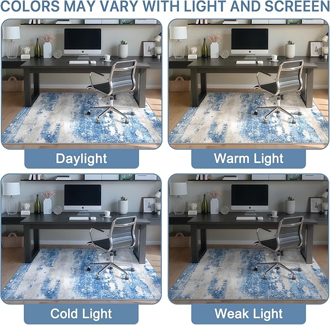 Office Chair Mat for Hardwood Tile Floor, Abstract 36"X 48" Desk Mats for Office Chair on Rolling Chairs Carpet, Desk Anti-Slip 1/5" Thick Rug for Computer Chair, Thin Low-Pile Floor Mat, Blue Cream