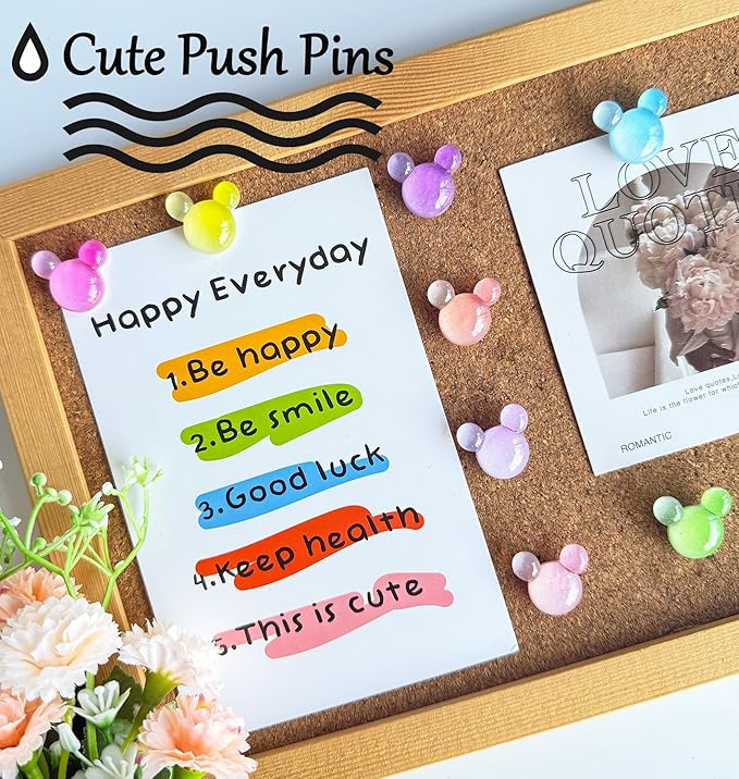 24 Pcs Thumb Tacks,Cute Push Pins,Colorful Decorative Pins,Mouse Tacks,for Bulletin Board,Cork Board,Class Decor Office or Home (24 Pcs - Gradient)