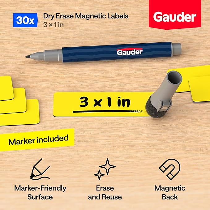 GAUDER Magnetic Dry Erase Labels | 30x Magnetic Labels (3 Inches x 1 Inch) | Dry Erase Magnets for Classroom, Whiteboard and Blackboard