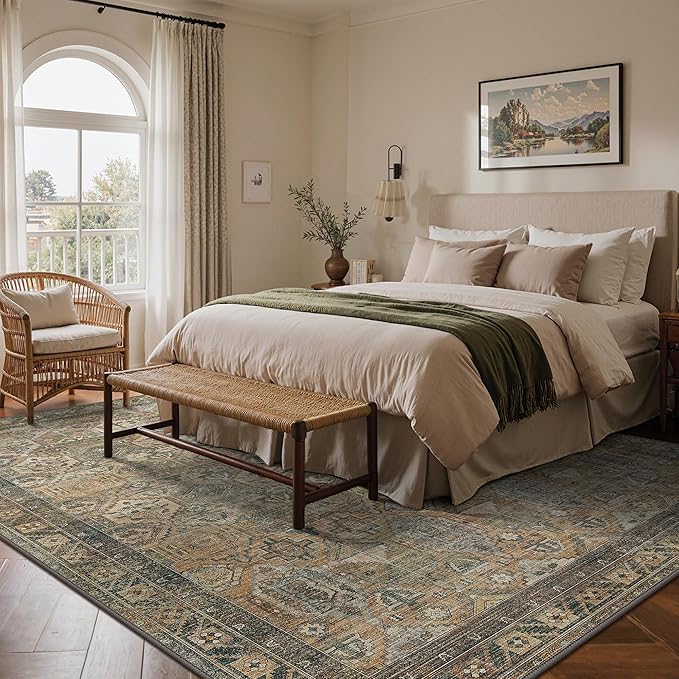 GENIMO 5x7 Area Rugs for Living Room, Machine Washable Non Slip Vintage Rugs, Low Pile Lightweight Chenille Print Rug for Bedroom, Dining Room, Home Office, Warm Taupe