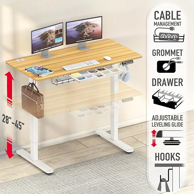 SHW 48-Inch Electric Height Adjustable Standing Desk with Drawer, Memory Preset and Cable Management Tray, Oak