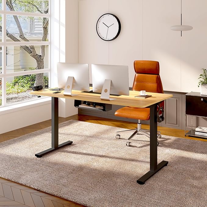 FLEXISPOT EN2 Whole-Piece Standing Desk with Clamp Power Strip, 55 x 28 Electric Stand Up Height Adjustable Desk with Cable Management (Black Frame + 55" Maple Top, 2 Packages)