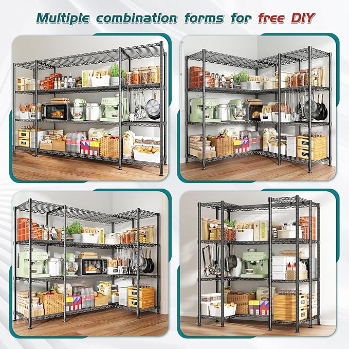 REIBII 78.4" W Storage Shelves 1500LBS, Metal Shelving Unit Wire Shelving for Garage Storage Rack, Adjustable Metal Shelf for Pantry Commercial Kitchen Garage Shelves, 78.4" W x 11.8''D x 59''H