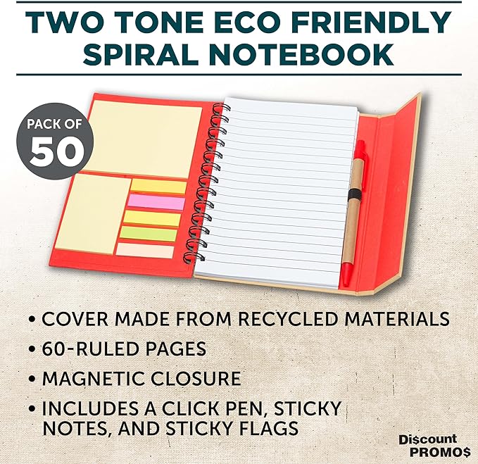 DISCOUNT PROMOS Custom Eco Friendly Spiral Notebooks with Pens Set of 50, Personalized Bulk Pack - Perfect for School, Office, Home - Red
