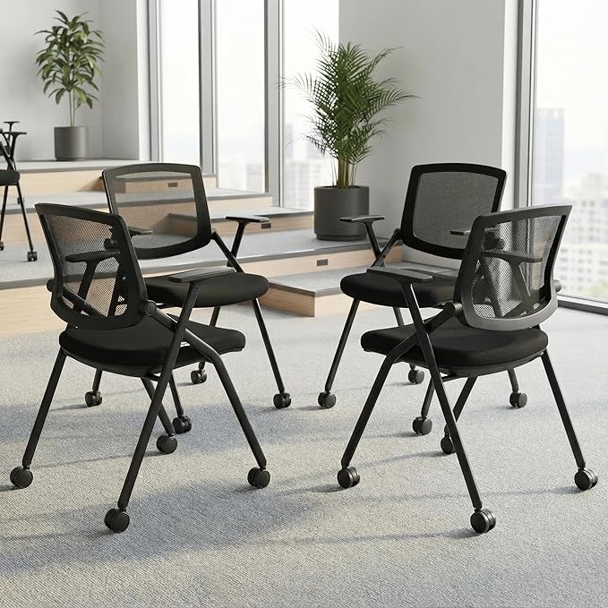 BROBRIYO Folding Chair with Wheels and Paddle, Ergonomic Mesh Back and Arms for Office, Meetings, Conferences, Receptions, Training Rooms & Folding Office Chairs - Black 100 Pack