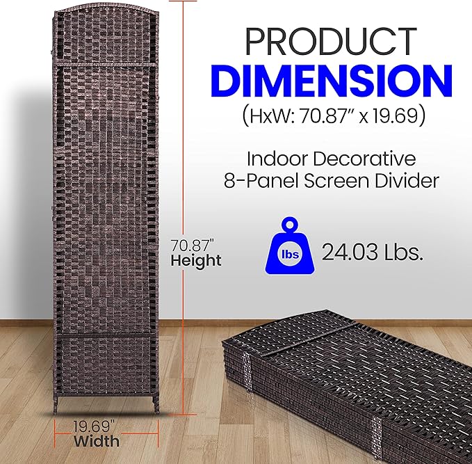 8 Panel Folding Privacy Screen 12ft Wide, 6ft Tall Partition Room Divider Portable Office Walls Dividers, Black